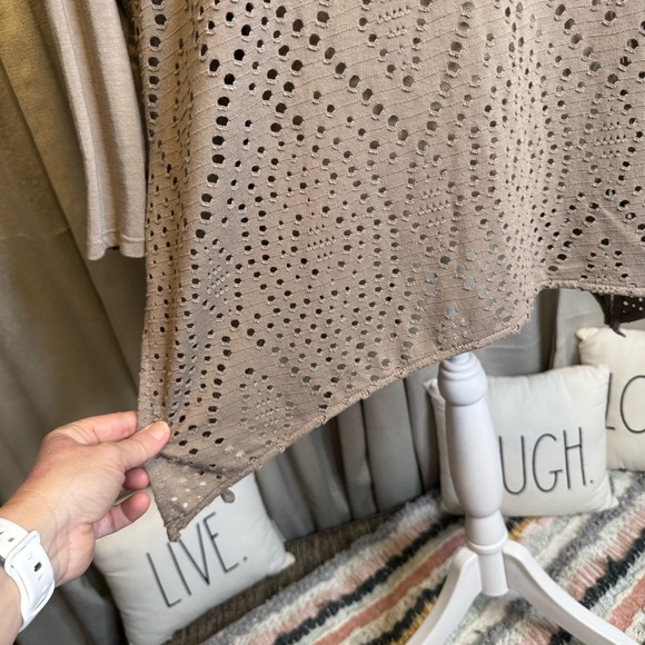 Cato Tan Knit Top with Cutout Design Size Large with Shark Bite Hem - Picture 7 of 11